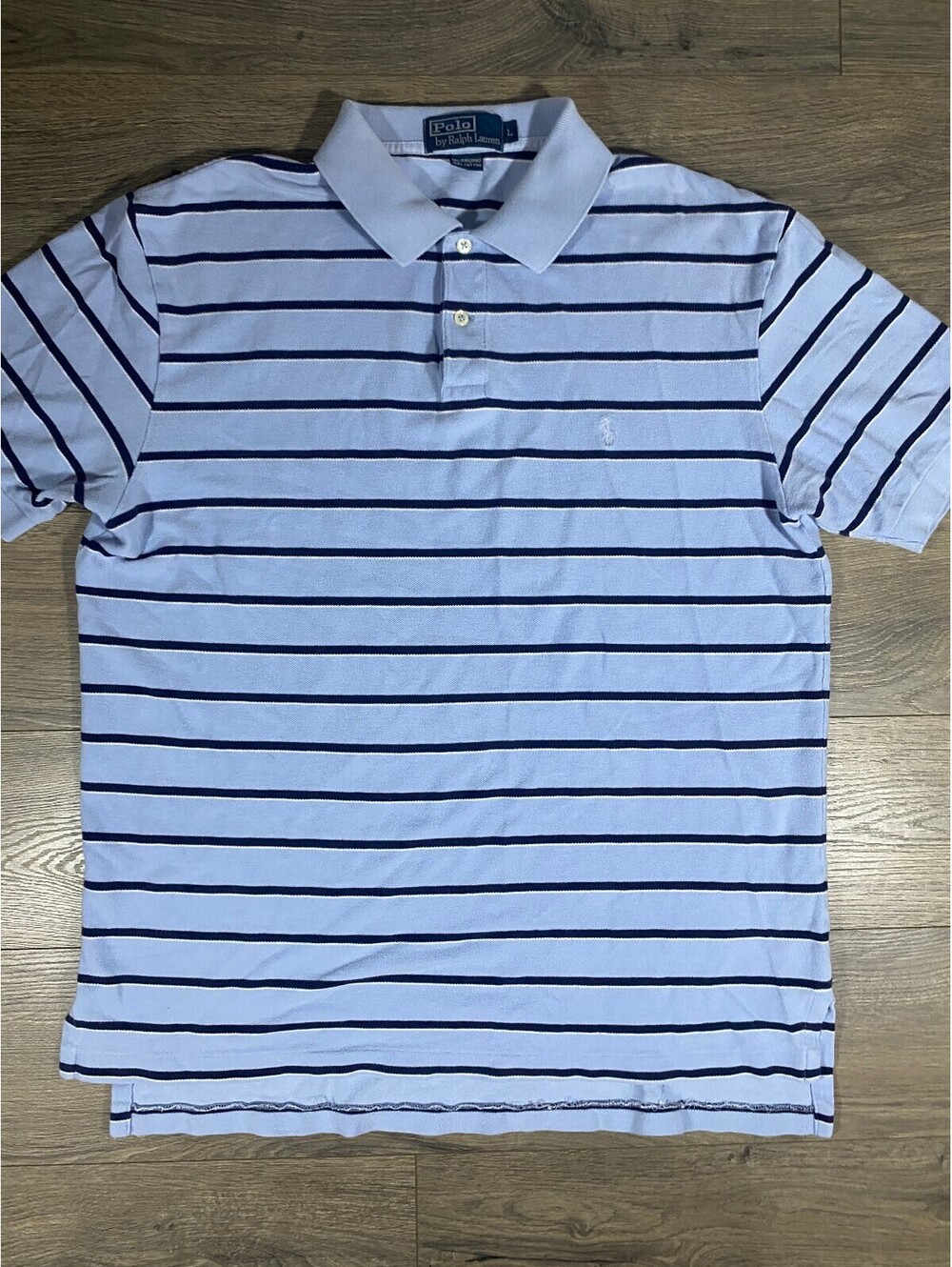 Vintage Polo Ralph Lauren Mens L Blue Navy Striped Cotton Polo Shirt Y2K